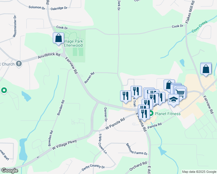 map of restaurants, bars, coffee shops, grocery stores, and more near 442 Fairview Road in Ellenwood