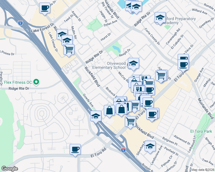 map of restaurants, bars, coffee shops, grocery stores, and more near 24091 Birdrock Drive in Lake Forest