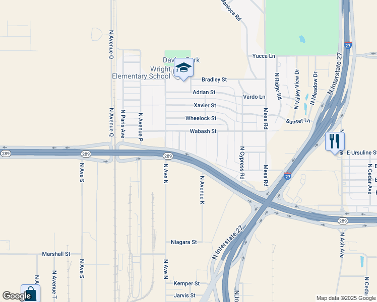 map of restaurants, bars, coffee shops, grocery stores, and more near Texas 289 Loop Frontage Road in Lubbock