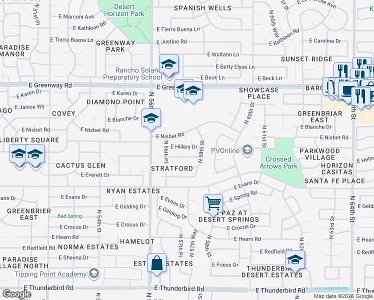 map of restaurants, bars, coffee shops, grocery stores, and more near 5720 East Marilyn Road in Scottsdale