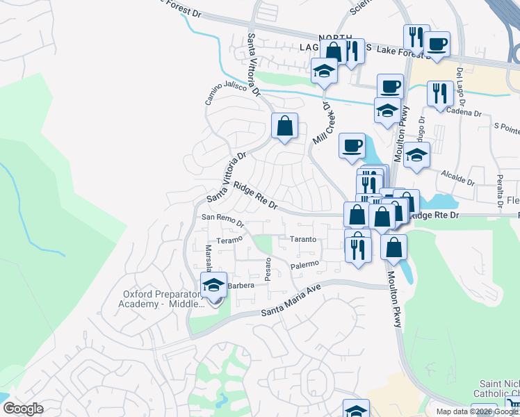 map of restaurants, bars, coffee shops, grocery stores, and more near 22361 Torino in Laguna Hills