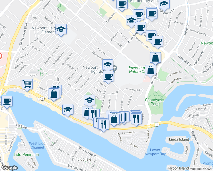map of restaurants, bars, coffee shops, grocery stores, and more near 505 Saint Andrews Road in Newport Beach