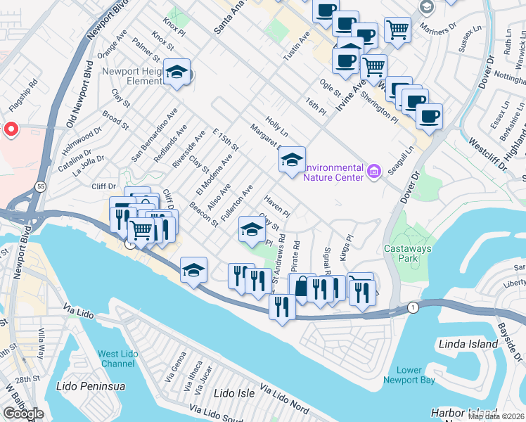 map of restaurants, bars, coffee shops, grocery stores, and more near 1804 Clay Street in Newport Beach