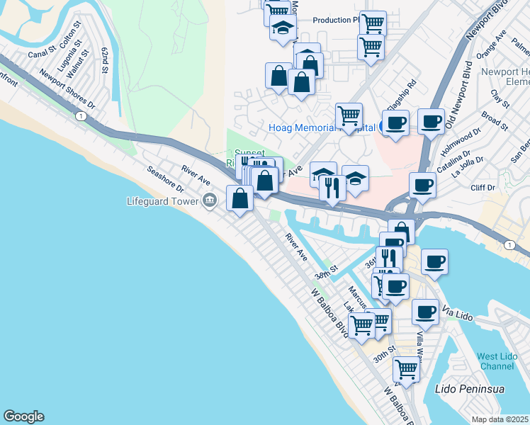 map of restaurants, bars, coffee shops, grocery stores, and more near 210 44th Street in Newport Beach