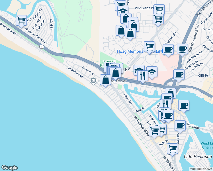 map of restaurants, bars, coffee shops, grocery stores, and more near 125 45th Street in Newport Beach