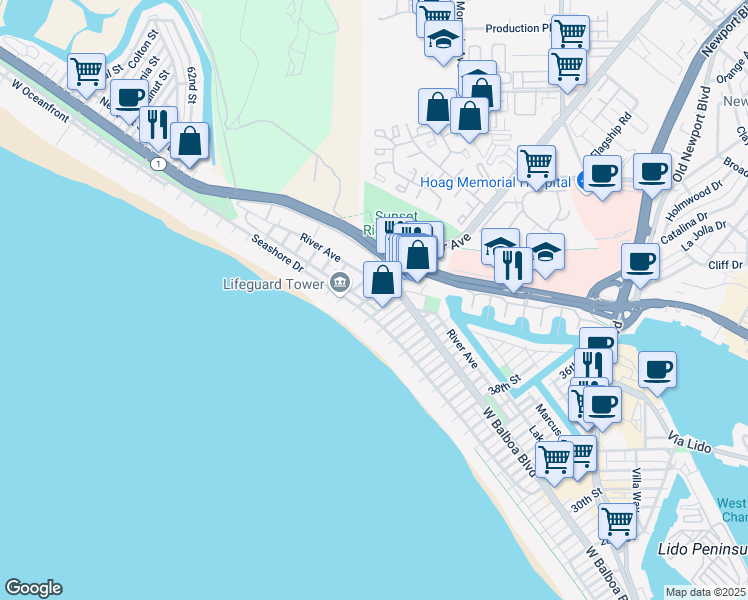 map of restaurants, bars, coffee shops, grocery stores, and more near 4609 Seashore Drive in Newport Beach