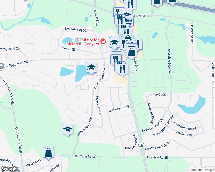 map of restaurants, bars, coffee shops, grocery stores, and more near 2117B Fairway Court Southeast in Conyers