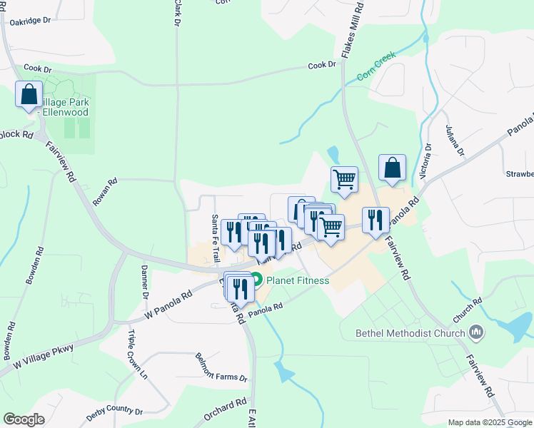 map of restaurants, bars, coffee shops, grocery stores, and more near 71 Wabash Drive in Ellenwood