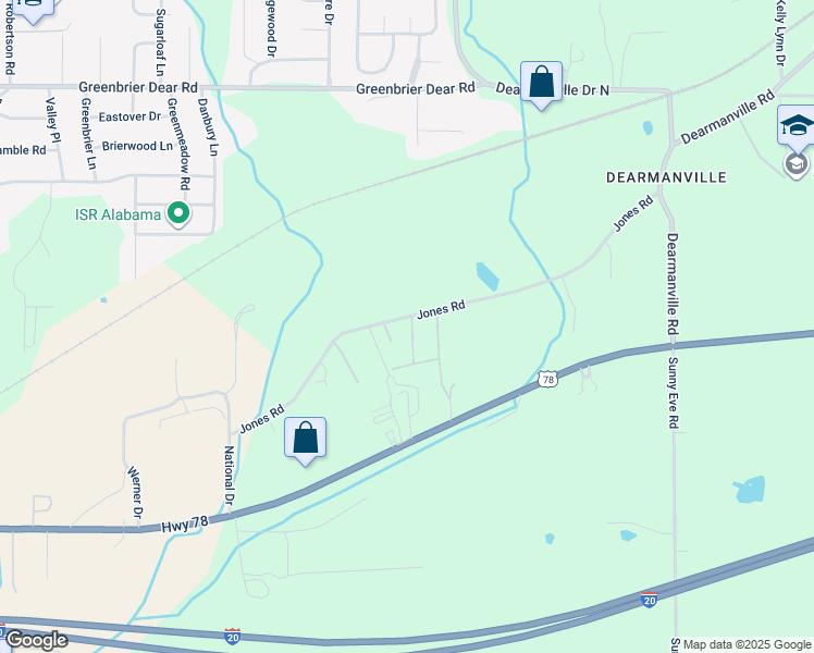 map of restaurants, bars, coffee shops, grocery stores, and more near 654 Jones Road in Anniston