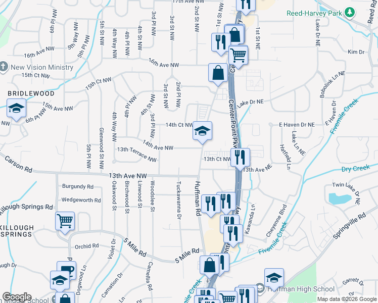 map of restaurants, bars, coffee shops, grocery stores, and more near 105 14th Avenue Northwest in Center Point