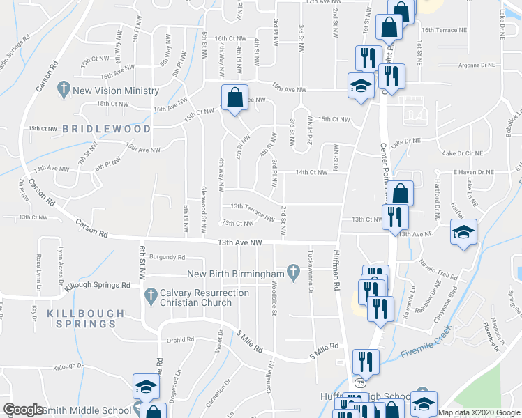 map of restaurants, bars, coffee shops, grocery stores, and more near 308 13th Terrace Northwest in Center Point