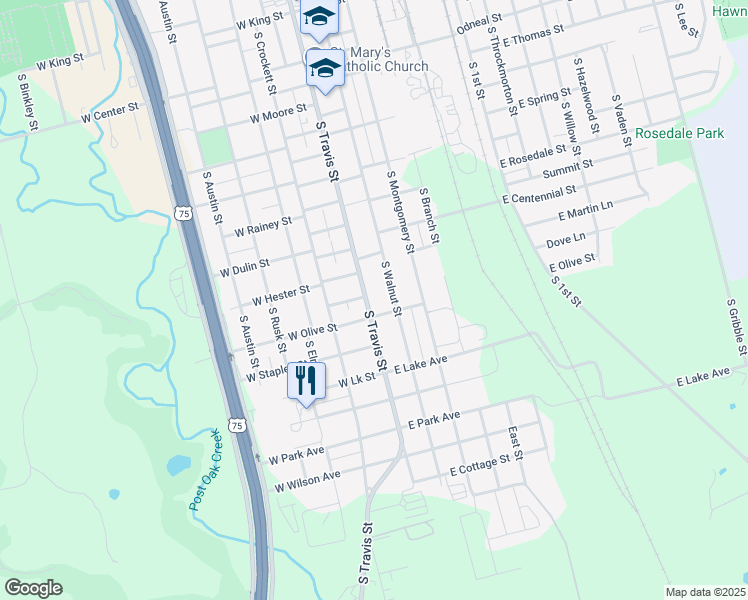 map of restaurants, bars, coffee shops, grocery stores, and more near 1443 South Travis Street in Sherman