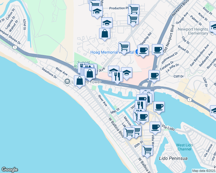 map of restaurants, bars, coffee shops, grocery stores, and more near in Newport Beach