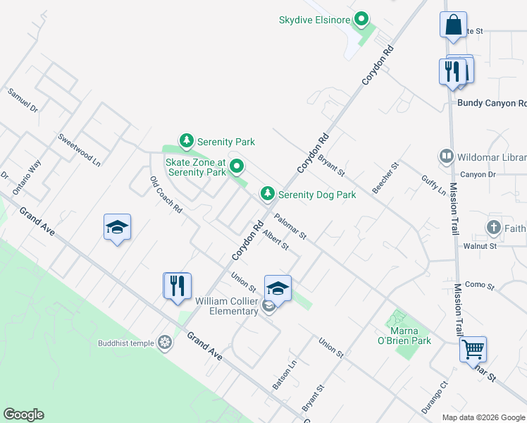 map of restaurants, bars, coffee shops, grocery stores, and more near 32400 Cape Drive in Lake Elsinore