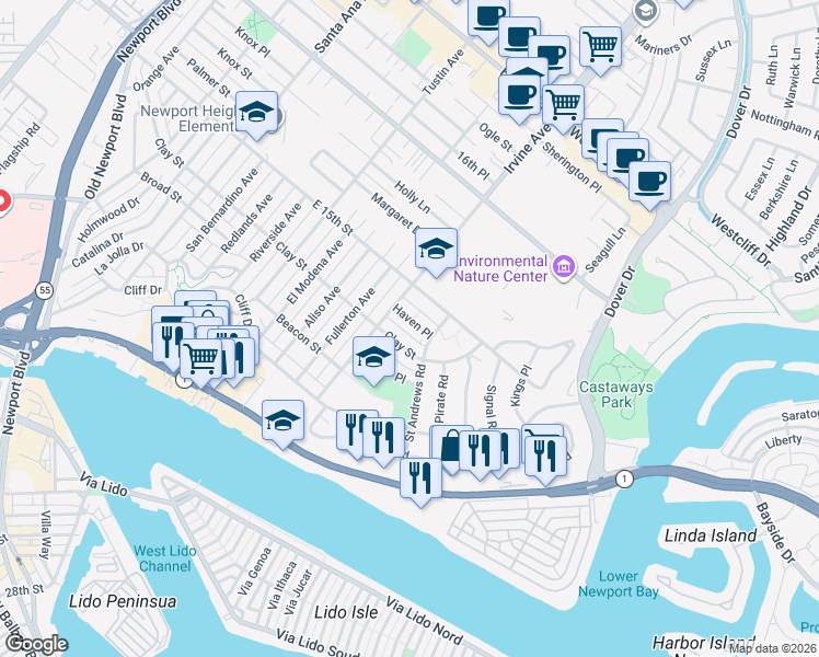 map of restaurants, bars, coffee shops, grocery stores, and more near 1705 Haven Place in Newport Beach