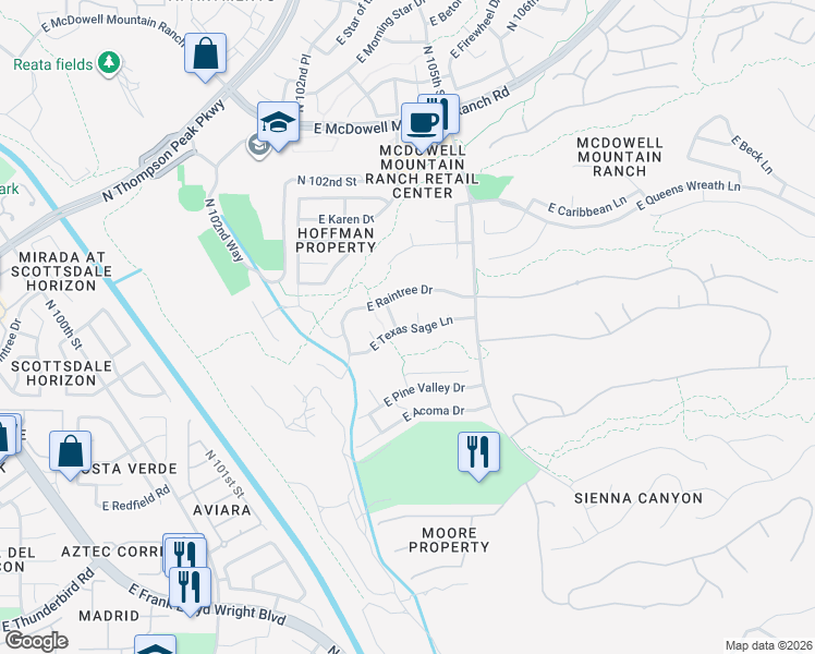map of restaurants, bars, coffee shops, grocery stores, and more near 10401 East Raintree Drive in Scottsdale