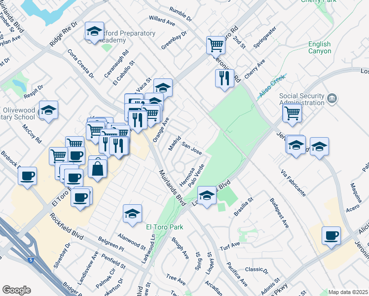 map of restaurants, bars, coffee shops, grocery stores, and more near 24921 Muirlands Boulevard in Lake Forest