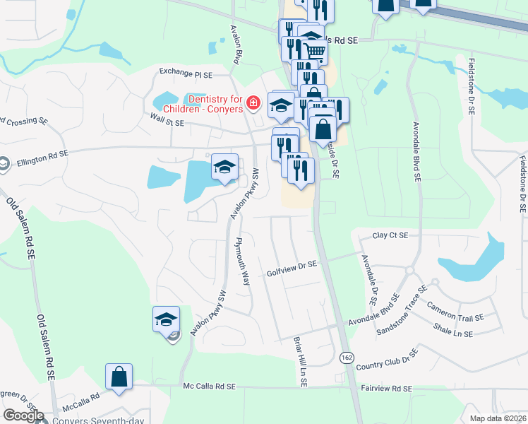 map of restaurants, bars, coffee shops, grocery stores, and more near 2110 Fairway Court Southeast in Conyers