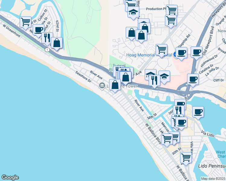 map of restaurants, bars, coffee shops, grocery stores, and more near 126 47th Street in Newport Beach