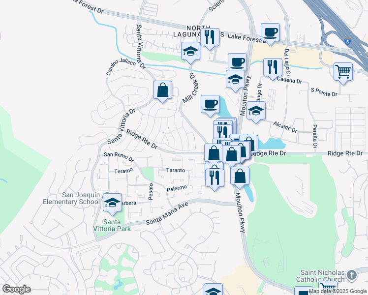 map of restaurants, bars, coffee shops, grocery stores, and more near 23472 Caminito Valle in Laguna Hills