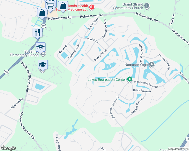 map of restaurants, bars, coffee shops, grocery stores, and more near 618 Broad River Road in Myrtle Beach