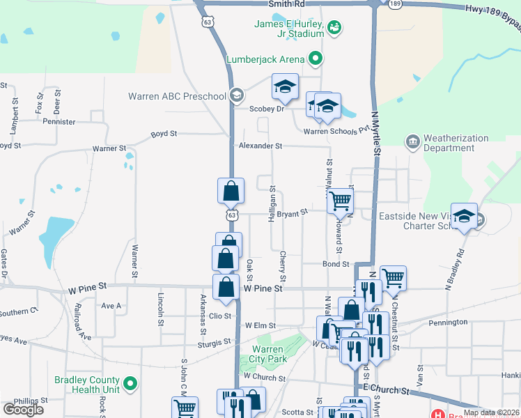 map of restaurants, bars, coffee shops, grocery stores, and more near 427 Halligan Street in Warren