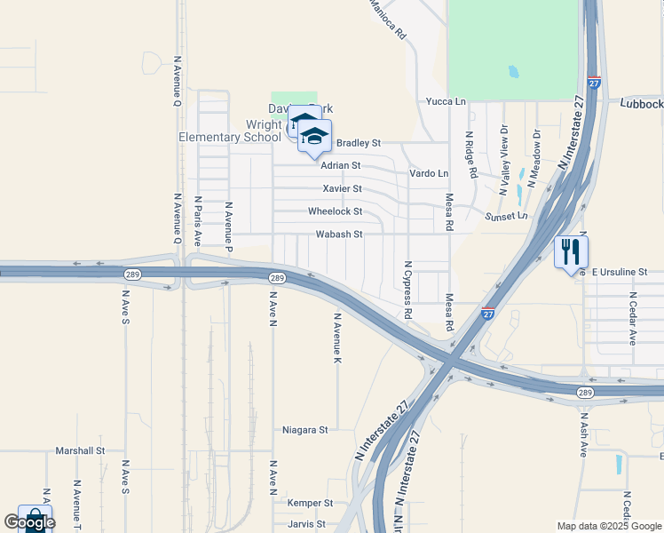 map of restaurants, bars, coffee shops, grocery stores, and more near Texas 289 Loop Frontage Road in Lubbock