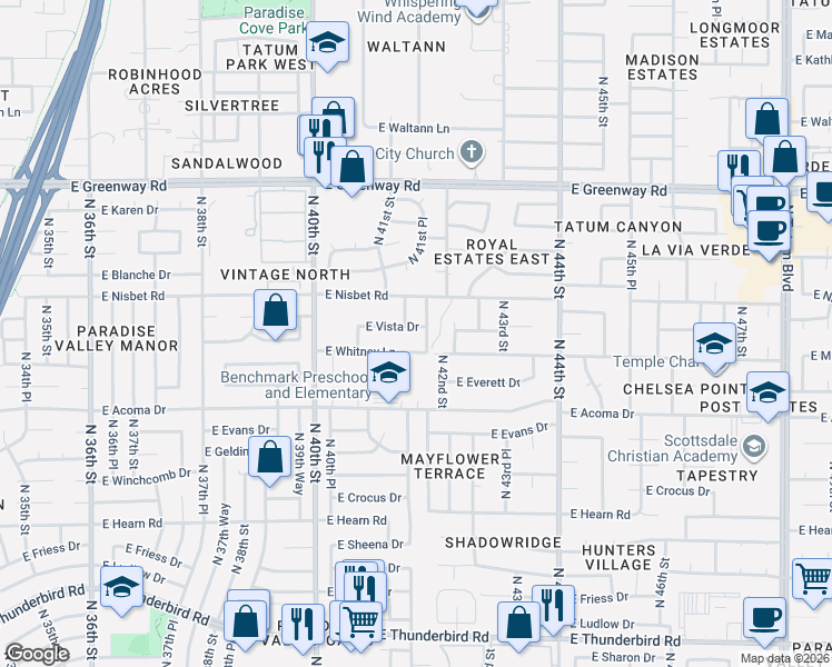 map of restaurants, bars, coffee shops, grocery stores, and more near 4202 East Whitney Lane in Phoenix