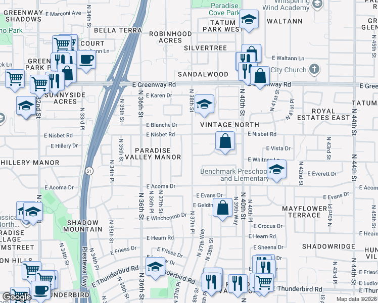 map of restaurants, bars, coffee shops, grocery stores, and more near 14802 North 38th Street in Phoenix