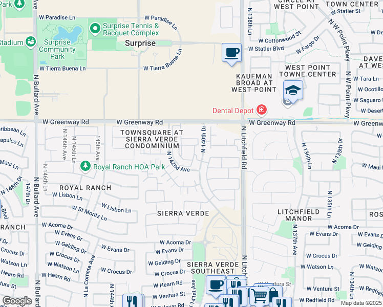 map of restaurants, bars, coffee shops, grocery stores, and more near 15164 North 140th Drive in Surprise