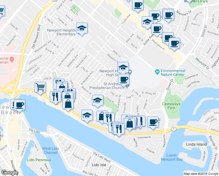map of restaurants, bars, coffee shops, grocery stores, and more near 1804 Clay Street in Newport Beach