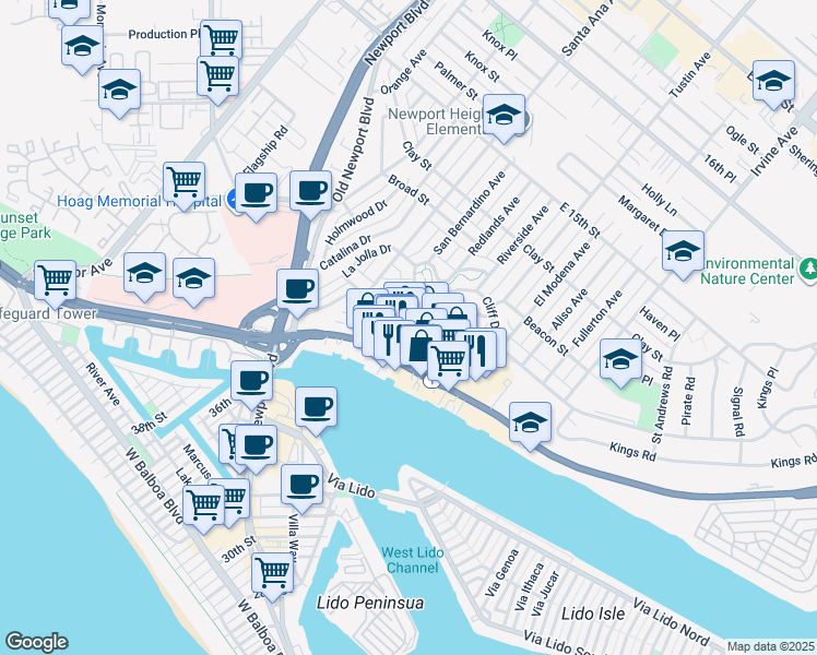 map of restaurants, bars, coffee shops, grocery stores, and more near 177 Riverside Avenue in Newport Beach