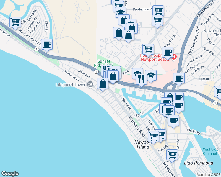 map of restaurants, bars, coffee shops, grocery stores, and more near 125 45th Street in Newport Beach