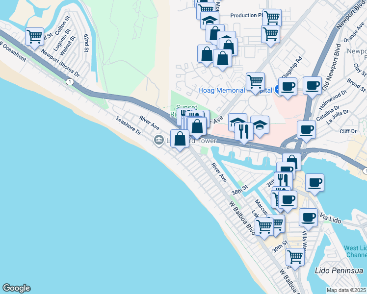 map of restaurants, bars, coffee shops, grocery stores, and more near 125 45th Street in Newport Beach