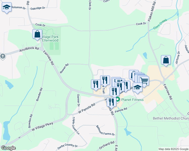 map of restaurants, bars, coffee shops, grocery stores, and more near 971 Clark Drive in Ellenwood