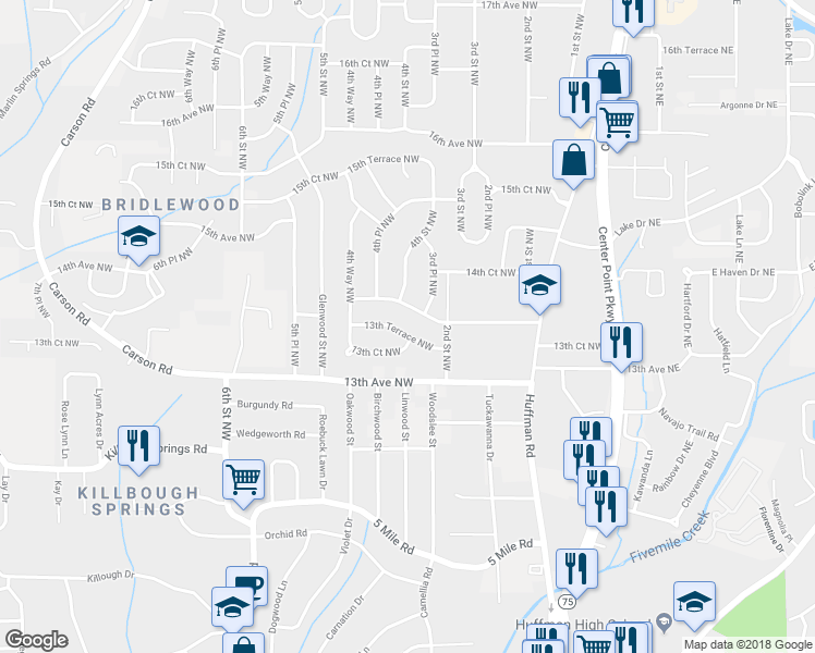 map of restaurants, bars, coffee shops, grocery stores, and more near 412 13th Court Northwest in Center Point