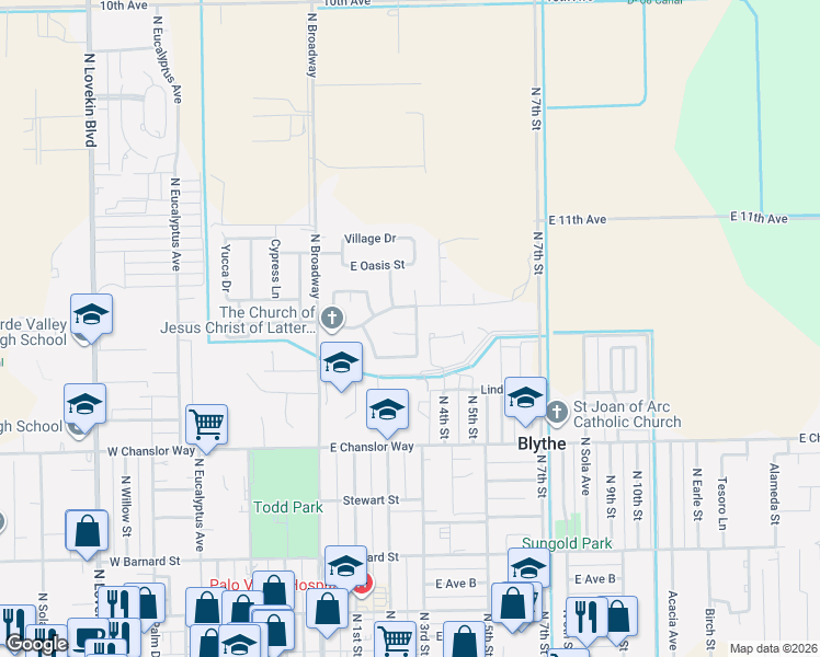 map of restaurants, bars, coffee shops, grocery stores, and more near 723 Michelle Street in Blythe