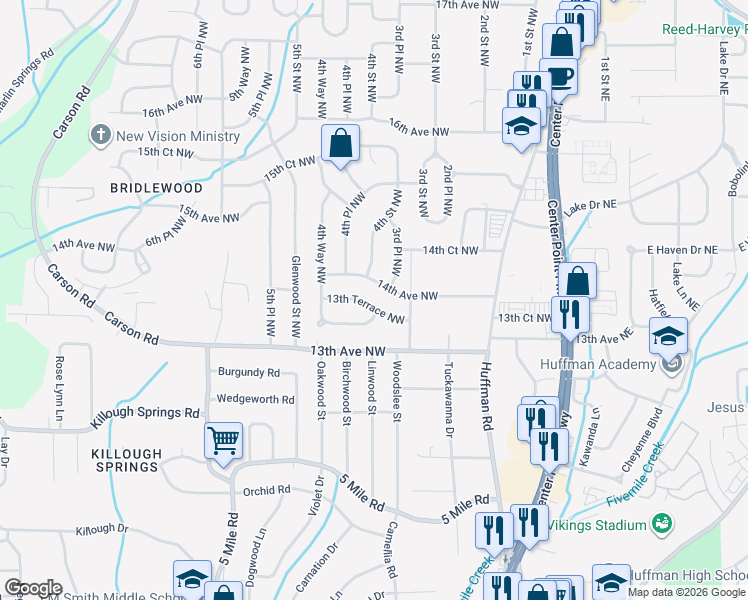 map of restaurants, bars, coffee shops, grocery stores, and more near 412 13th Court Northwest in Center Point