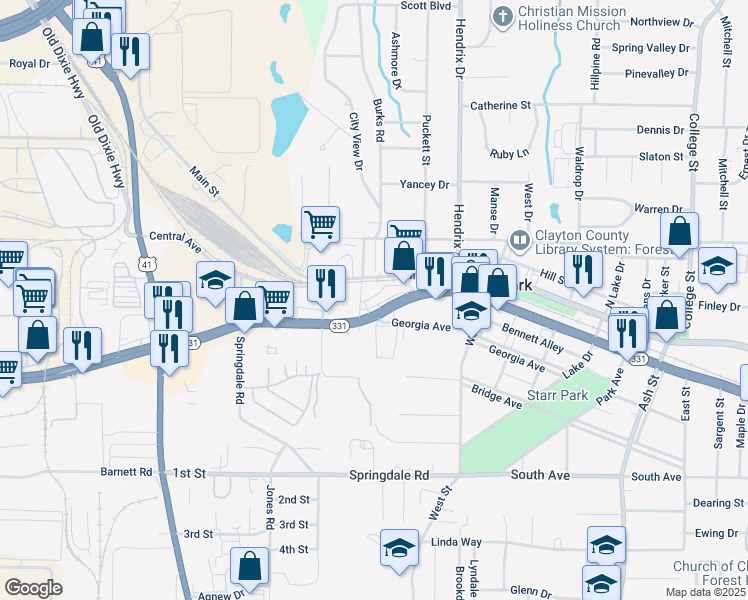 map of restaurants, bars, coffee shops, grocery stores, and more near 503 Forest Parkway in Forest Park