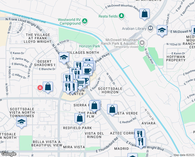 map of restaurants, bars, coffee shops, grocery stores, and more near 15095 North Thompson Peak Parkway in Scottsdale
