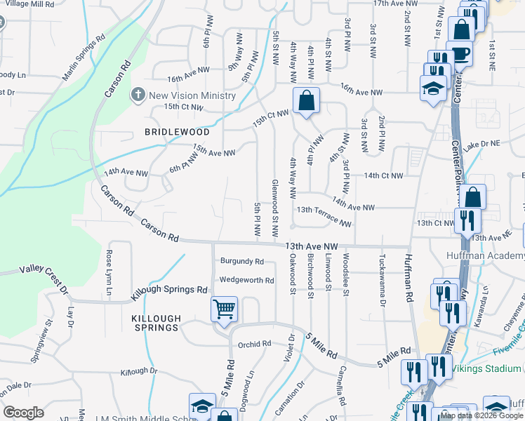 map of restaurants, bars, coffee shops, grocery stores, and more near 1329 5th Place Northwest in Center Point