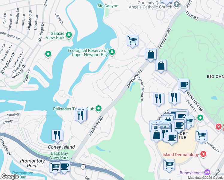 map of restaurants, bars, coffee shops, grocery stores, and more near 1410 Sea Ridge Drive in Newport Beach