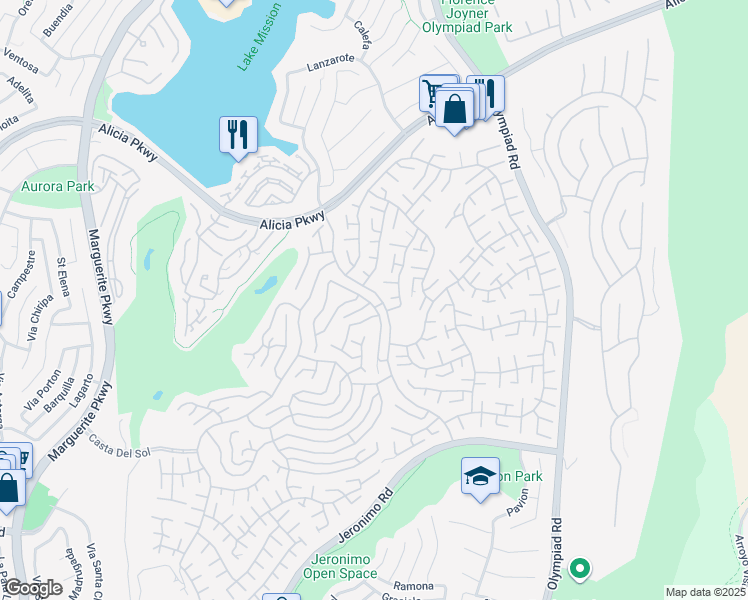 map of restaurants, bars, coffee shops, grocery stores, and more near 23582 Vía Benavente in Mission Viejo