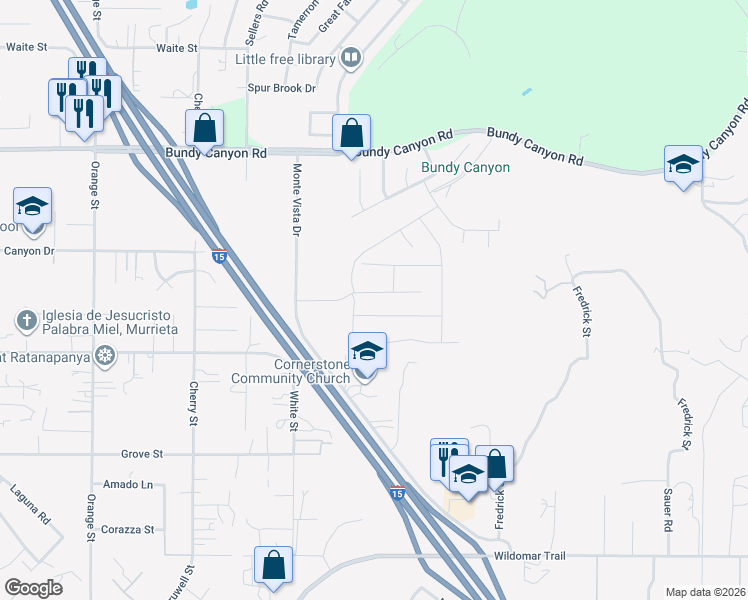 map of restaurants, bars, coffee shops, grocery stores, and more near 34400 Monte Vista Drive in Wildomar