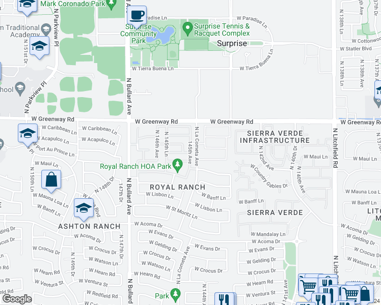 map of restaurants, bars, coffee shops, grocery stores, and more near 14336 West Maui Lane in Surprise