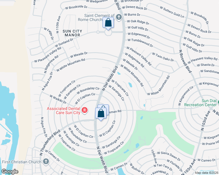 map of restaurants, bars, coffee shops, grocery stores, and more near 10637 West Saratoga Circle in Sun City