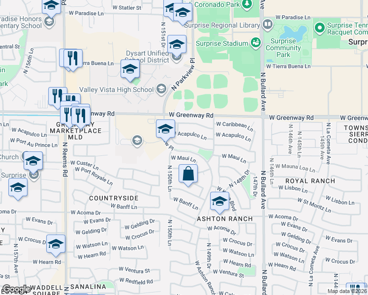 map of restaurants, bars, coffee shops, grocery stores, and more near 14965 West Port Au Prince Lane in Surprise