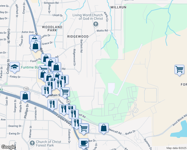 map of restaurants, bars, coffee shops, grocery stores, and more near 4862 Price Street in Forest Park