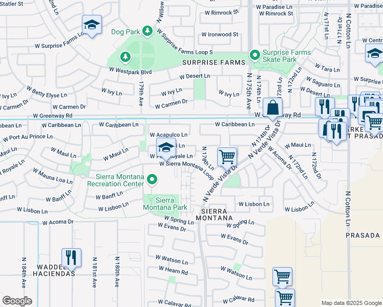 map of restaurants, bars, coffee shops, grocery stores, and more near 17717 West Port Royale Lane in Surprise