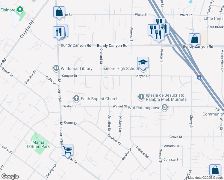 map of restaurants, bars, coffee shops, grocery stores, and more near 21601 Canyon Drive in Wildomar